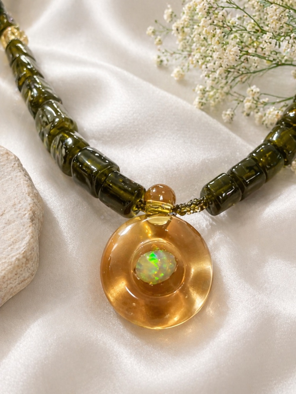 Artisan Vintage Lamp-work Glass, Swarovski Crystal, Czech Glass & Opal Pendant